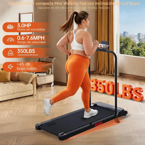Vista 5 de Walking Pad Treadmill with Handle Bar, 3.0HP Portable Electric Treadmills for Exercising, 0.6-7.6MPH Mini Walking Pad Treadmill with Incline, Under