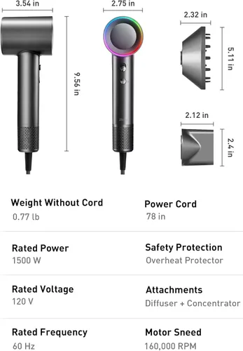 Vista 8 de Secador de pelo de plasma para cabello largo de mujer, estilo para hombres y uso doméstico - 110K RPM sin escobillas de secado rápido, amigable