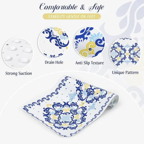 Vista 4 de SHUCHING - Alfombra de baño antideslizante azul para bañera de 40 x 16 pulgadas, estilo bohemio Tapete de bañera para ancianos sin moho, tapete