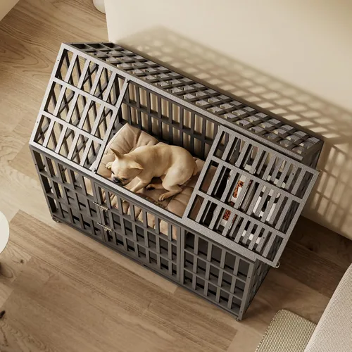 Vista 8 de Jaula extragrande para perros, jaula de hierro galvanizado resistente de 55 pulgadas, muebles con puerta delantera, puerta superior y 4 ruedas