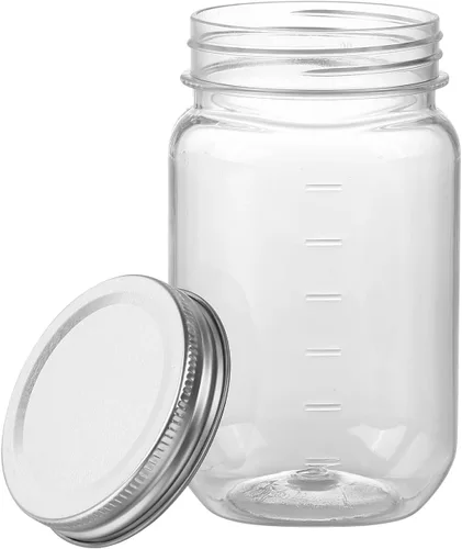 Vista 5 de Tarros Mason de plástico transparente de 16 onzas con tapa de rosca, tarros vacíos reutilizables para almacenamiento de alimentos, recipientes