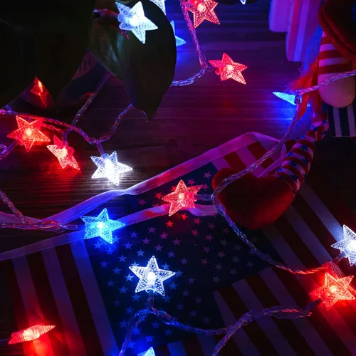 Vista 8 de Luces decorativas del 4 de julio, color rojo, blanco y azul, funciona con pilas, 50 LED, cadena patriótica de estrellas de 20 pies, 8 modos