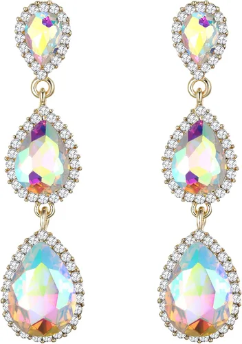 Vista 85 de EleQueen Pendientes de cristal austriaco en tono dorado para mujer, forma de pera de 2.5 pulgadas, color esmeralda