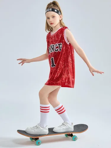 Vista 4 de LOLANTA Ropa de baile Hip Hop para niñas, vestido de lentejuelas para niños, camiseta larga sin mangas de jazz para animadoras