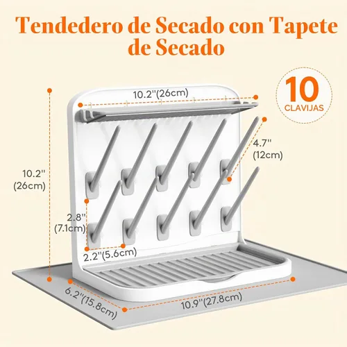 Vista 7 de Lifewit Estante de secado de biberones con tapete de drenaje y 10 ganchos, artículos esenciales para recién nacidos, organizador de almacenamiento