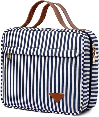 Vista 7 de Lmbabter Bolsa de maquillaje colgante de viaje, bolsa de aseo impermeable, gran almacenamiento para viajes, baño, mujeres y hombres, Negro-blanco
