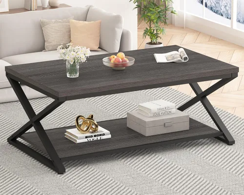 Vista 12 de HSH Mesa de sala de estar de madera de metal minimalista moderna negra con estante de almacenamiento, mesa central rectangular de 39 pulgadas y 2