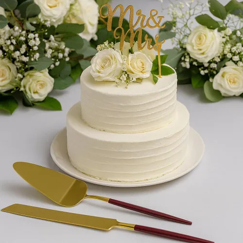 Vista 2 de Koyal Wholesale Juego de cuchillo y servidor para pastel de boda burdeos, cortador de pasteles y servidor con mango dorado para novia y novio, juego