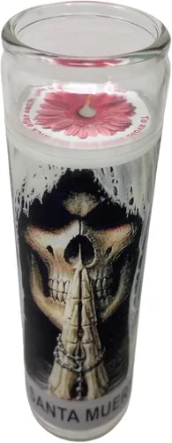Vista 3 de Santa Muerte 14 oz Vaso Grande UNA pieza Vela de oración de una pieza 14 oz de alto vidrio oración al reverso en español Blanca sin Aroma