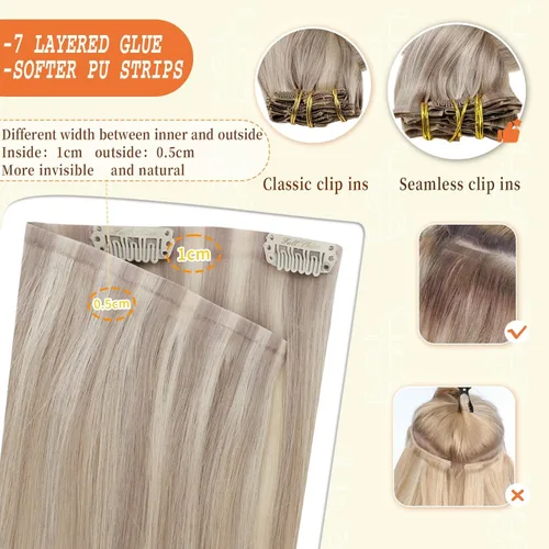 Vista 4 de Full Shine Extensiones de Cabello Rubio con Clip Reflejos Cabello Humano Extensiones con Clip Rubio Ceniza Mezcla Rubio Decolorado PU Extensiones