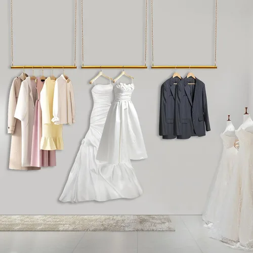 Vista 9 de 2 unidades, 24 estantes de ropa colgantes para boutique, altura ajustable, perchero de metal para vestidos de boda, estante de ropa dorado, colgador