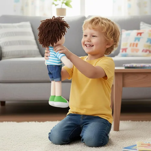 Vista 3 de June Garden Snuggle Cutie Benny de 14 pulgadas, muñeco de felpa suave Best Big Brother, muñeco de peluche con camisa a rayas azules y zapatos Verde