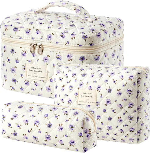 Vista 41 de HBselect Bolsa de Maquillaje Acolchada, 3 Piezas de Gran Bolsa de Maquillaje de Viaje de Algodón, Linda Bolsa de Maquillaje Floral Coquette, Bolsa