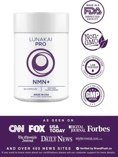 Vista 2 de Lunakai PRO USA Made NMN Suplemento 500mg 6 en 1 con TMG y Resveratrol 98% - NAD+ diario y apoyo energético para un envejecimiento saludable y salud