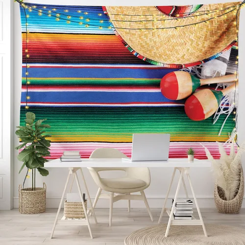 Vista 6 de Lunarable Tapiz mexicano, tema de cultura latinoamericana, sombrero de paja, manta de serape de Maracas, decoración de tela para colgar en la pared
