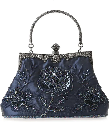 Vista 10 de Bolso de mano de estilo vintage con cuentas florales y strass para mujer, con bordado de lentejuelas, bandolera para novia, boda, fiesta