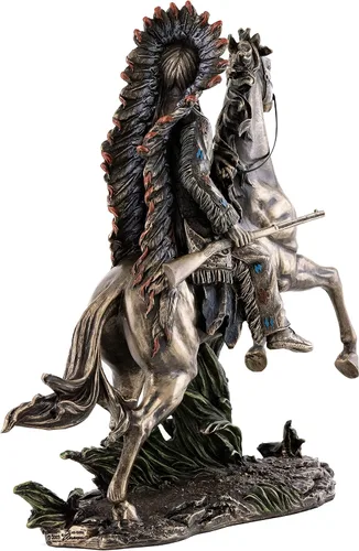 Vista 4 de Top Collection Chief Sitting Bull on Horseback Estatua – Escultura de nativos americanos con hermoso tocado en bronce fundido en frío de primera