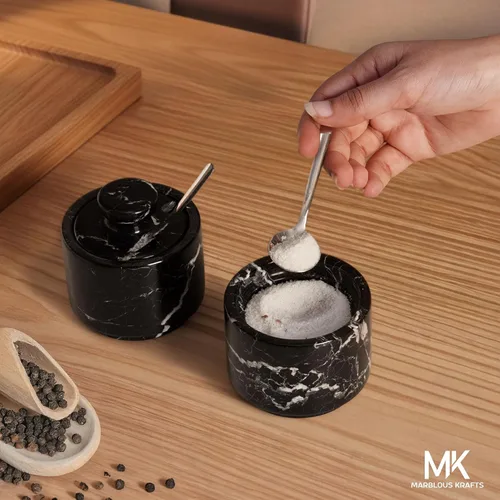 Vista 6 de MARBLOUS KRAFTS Salero de Mármol con Tapa y Cuchara 3" Caja de Sal Navideña Escamosa Cebra Negra para Regalo, Juego Pequeño Moderno de 2