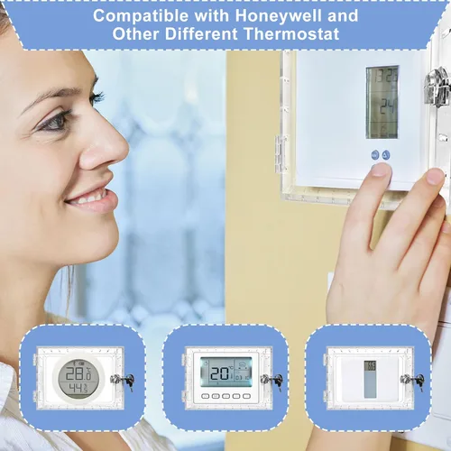 Vista 4 de Caja de bloqueo de termostato universal con llave, protector de termostato grande transparente para pared, cubierta de termostato con cerradura
