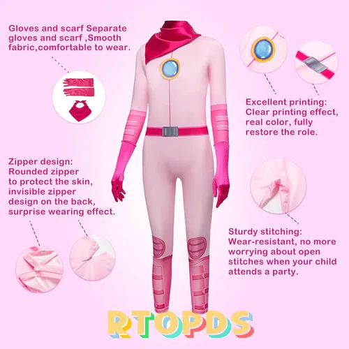 Vista 4 de RTOPDS Disfraz de princesa melocotón, disfraz de Halloween para niños, disfraz de cosplay de anime para niñas