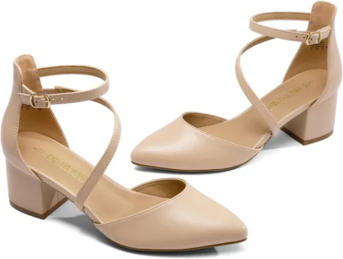 Vista 5 de DREAM PAIRS Zapatos de tacón bajo y grueso para mujer, con correa al tobillo, zapatos elegantes para bodas y negocios