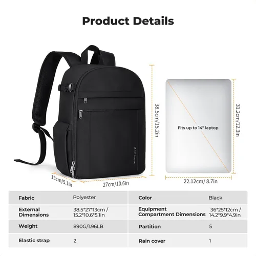 Vista 8 de K&F CONCEPT Mochila ligera para cámara, bolsa de fotografía profesional compatible con cámaras Canon/Nikon/Sony y accesorios para lentes, funda