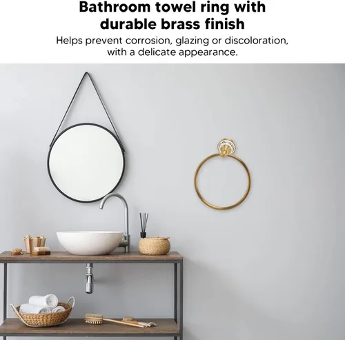 Vista 2 de Bath Towel Ring, Antique Brass Finish Wall Mounted Hand Towel Holder with Blue and White Porcelain Decal Hardware for Bathroom Kitchen