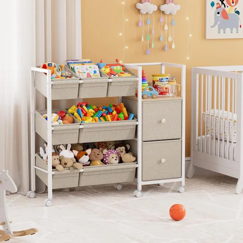 Vista 2 de Modanais Organizadores de juguetes y contenedores de almacenamiento para niños, 7 contenedores de almacenamiento + 2 cajones de tela + 1 estantería
