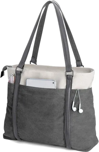 Vista 8 de Laptop Tote Bag for Women, 15.6 Inch Work Bag with Laptop Compartment and Zipper, Canvas Computer Tote for Teacher Negro