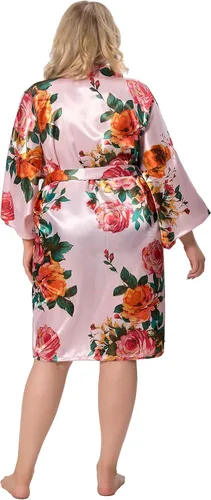Vista 5 de ALHAVONE Bata kimono corta de satén sedoso con flores de rosas para mujer para prepararse