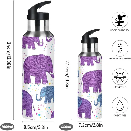 Vista 2 de BPA-Free Sport Water Bottle 32 Oz, Insulated Water Bottle for Gym Outdoor Travel School, Cute Purple Elephants Purple Blue