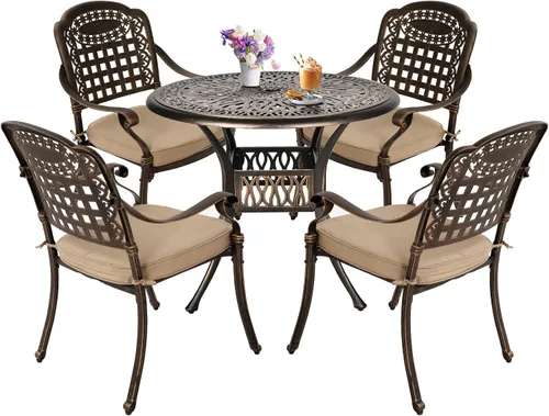 Vista 9 de TITIMO Juego de comedor de 5 piezas de aluminio fundido para patio al aire libre, 4 sillas con patrón y mesa redonda de 35.4 pulgadas, juego de Sin