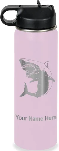 Vista 74 de LaserGram Botella de agua personalizada, gran tiburón blanco, acero inoxidable de doble pared aislada al vacío con popote superior, regalo grabado