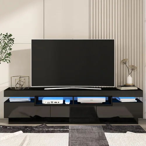Vista 19 de Soporte de TV versátil de alto brillo con luces LED que cambian de color y 2 estantes de vidrio templado, centro de entretenimiento para televisores