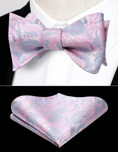 Vista 107 de HISDERN Pajaritas para hombre, corbatín de cachemira para hombre, corbata de lazo y bolsillo cuadrado, juego formal de esmoquin para boda