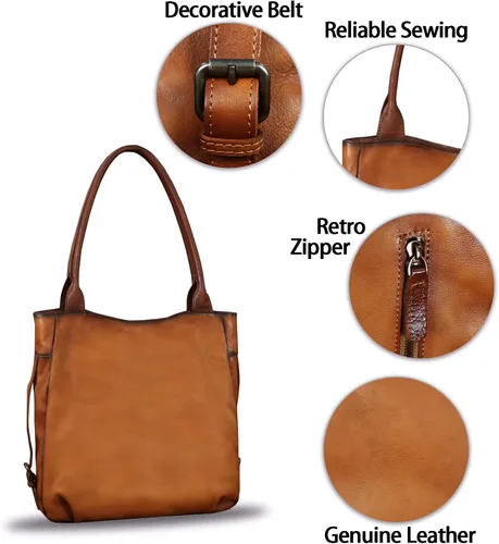 Vista 6 de Bolso de hombro de cuero genuino para mujer, bolso retro con asa superior, hecho a mano, bolso cruzado vintage, L
