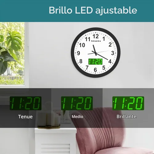 Vista 5 de Reloj de pared, con pantalla digital LED, silencioso sin tictac, de cuarzo de 12 pulgadas, funciona con pilas, reloj de pared analógico redondo Caja