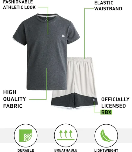 Vista 2 de RBX Conjunto deportivo de pantalones cortos para niños, 2 piezas de camiseta atlética con cuello redondo y pantalones cortos para niños