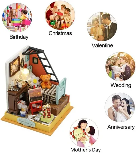 Vista 4 de Kit de casa de muñecas en miniatura de bricolaje, casa de muñecas de madera con LED, kit de construcción de casa pequeña para regalo de cumpleaños