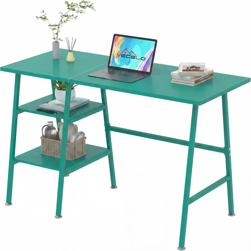 Vista 17 de VECELO Escritorio para computadora de 43 pulgadas, mesa de estudio, oficina, escritorio moderno con estantes, escritorio de madera para el Negro
