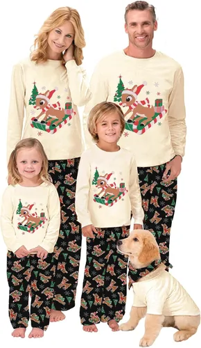 Vista 13 de Awoscut - Conjunto de pijamas navideños a juego, con estampado en la parte superior y pantalones a cuadros #B-7