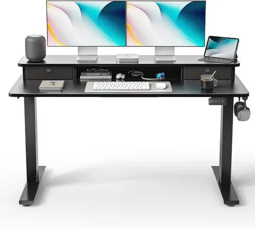 Vista 19 de FEZIBO Escritorio de pie de 48 x 24 pulgadas con altura ajustable, escritorio eléctrico de pie con doble cajón, escritorio de oficina en casa con 4