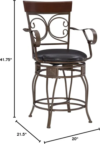 Vista 18 de Powell Dayne - Taburete grande y alto de 24 asientos con brazos en metal de bronce oscuro con asiento acolchado de piel sintética marrón oscuro