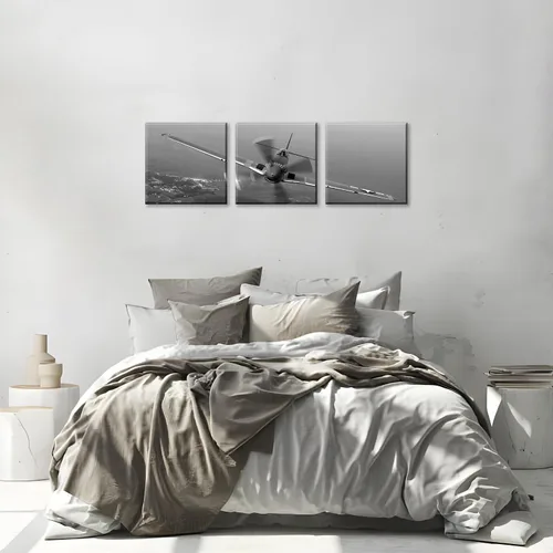 Vista 4 de 3 piezas de arte de pared en lienzo en blanco y negro vintage de la Segunda Guerra Mundial, aviones de combate militares, impresiones de fotografía