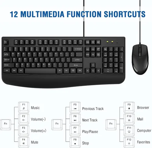 Vista 4 de EDJO - Combo de teclado y mouse con cable, teclado ergonómico de tamaño completo para computadora con reposamanos y mouse óptico con cable