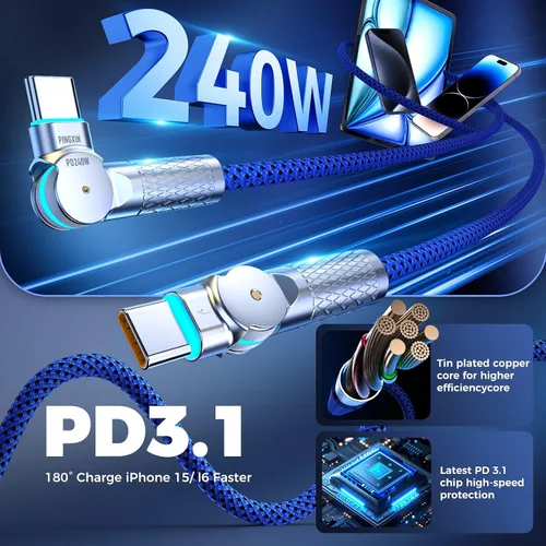 Vista 2 de Cable USB C a USB C de 6.6 pies, 240 W, paquete de 2 cables de carga tipo C trenzados giratorios de 180°, carga rápida para iPhone