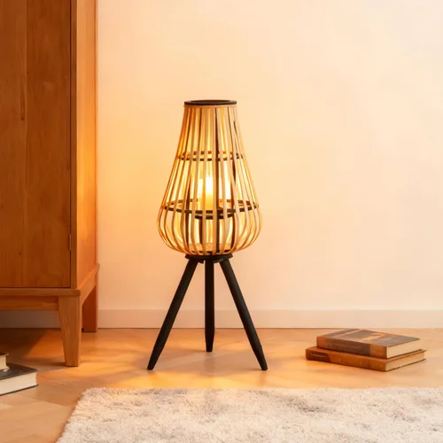 Vista 7 de Linterna decorativa de bambú natural moderna para interiores y exteriores con soporte negro y candelero de cristal