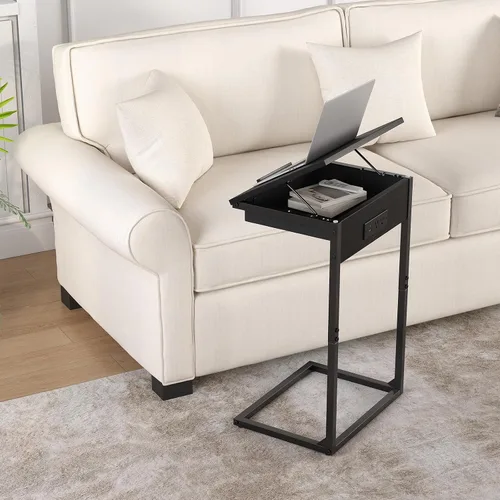 Vista 2 de sthmec Mesa auxiliar en forma de C con estación de carga, mesa auxiliar abatible ajustable de 45° con almacenamiento, mesa pequeña en C