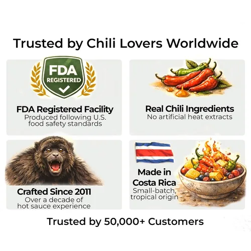 Vista 11 de Monoloco Salsa picante vegana sin gluten con gorro escocés panameño, rocoto, pimientos de cayena y pimientos fantasma, ajo y especies naturales