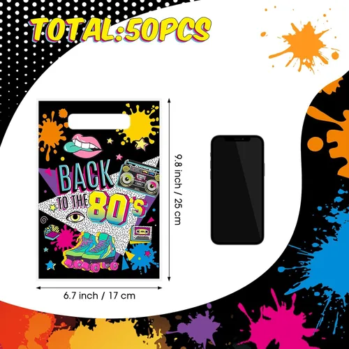 Vista 2 de Qeeenar 50 bolsas de regalo de fiesta de los años 80 a granel de plástico de regreso a los 80, regalos de hip hop, bolsas de golosinas para regalos